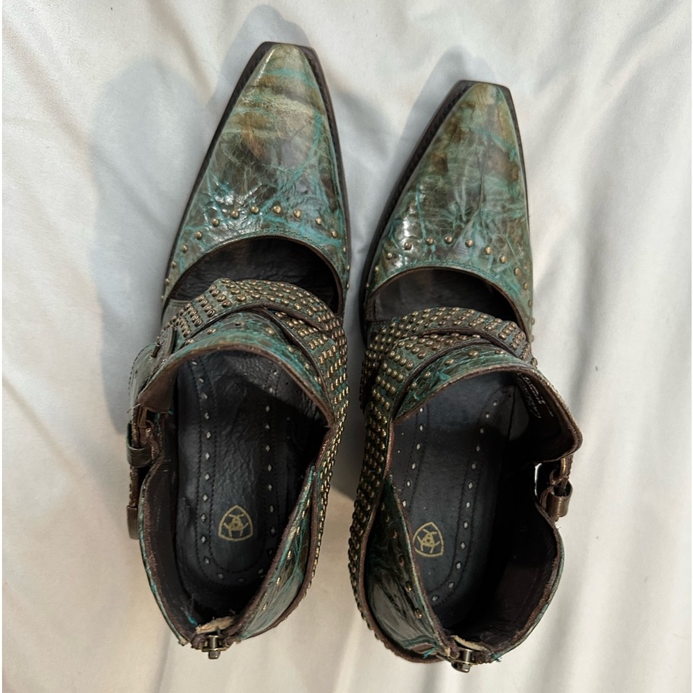Ariat bootie. Dark green with brown/gold highlights, studded accents. Size 9.5